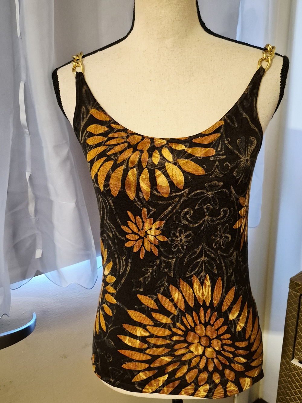 august silk Black Tank Top with Gold Floral Print & Chain Straps